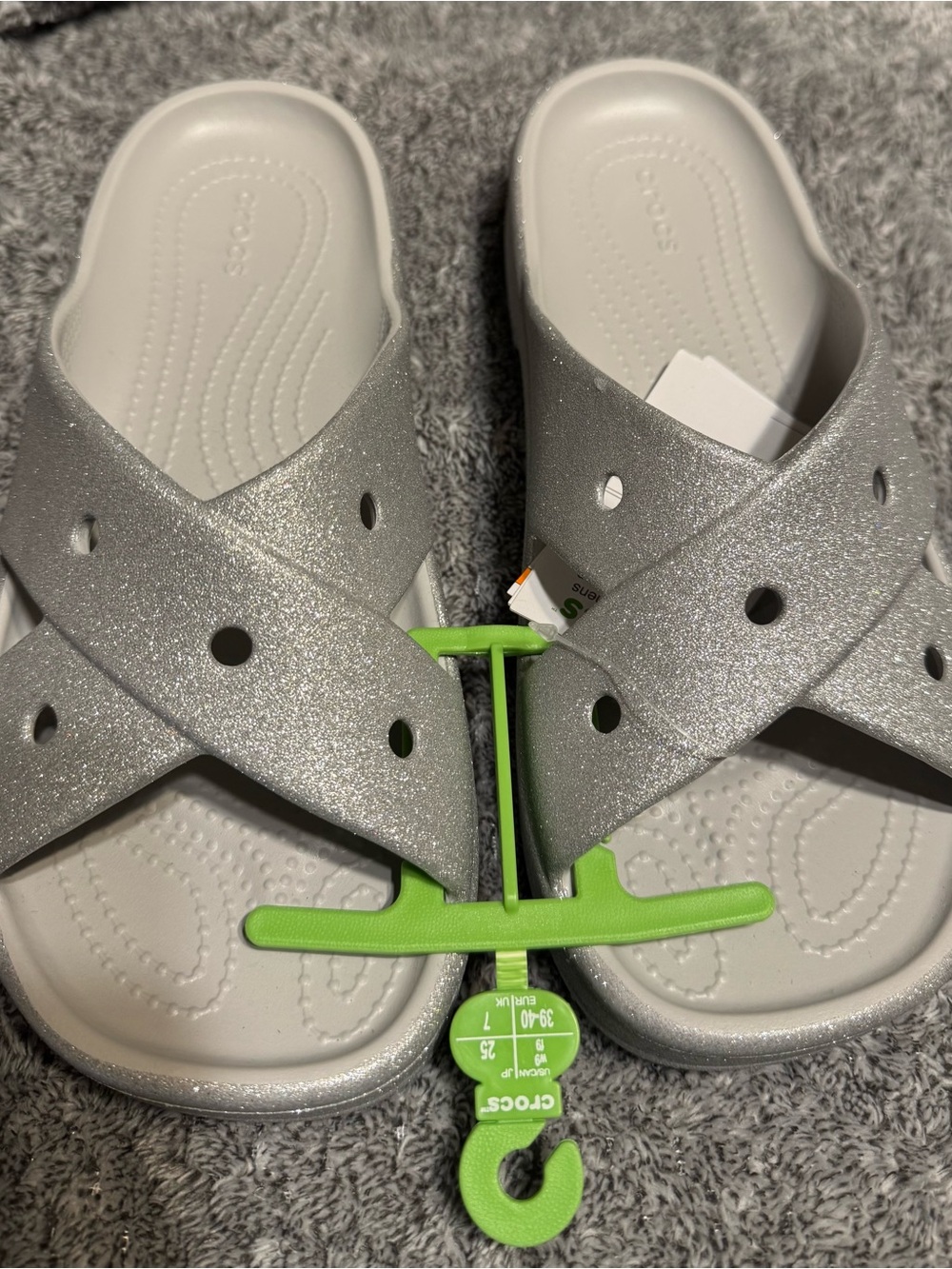 CROCS Woman’s Silver Glitter Crossband Slide Sandals